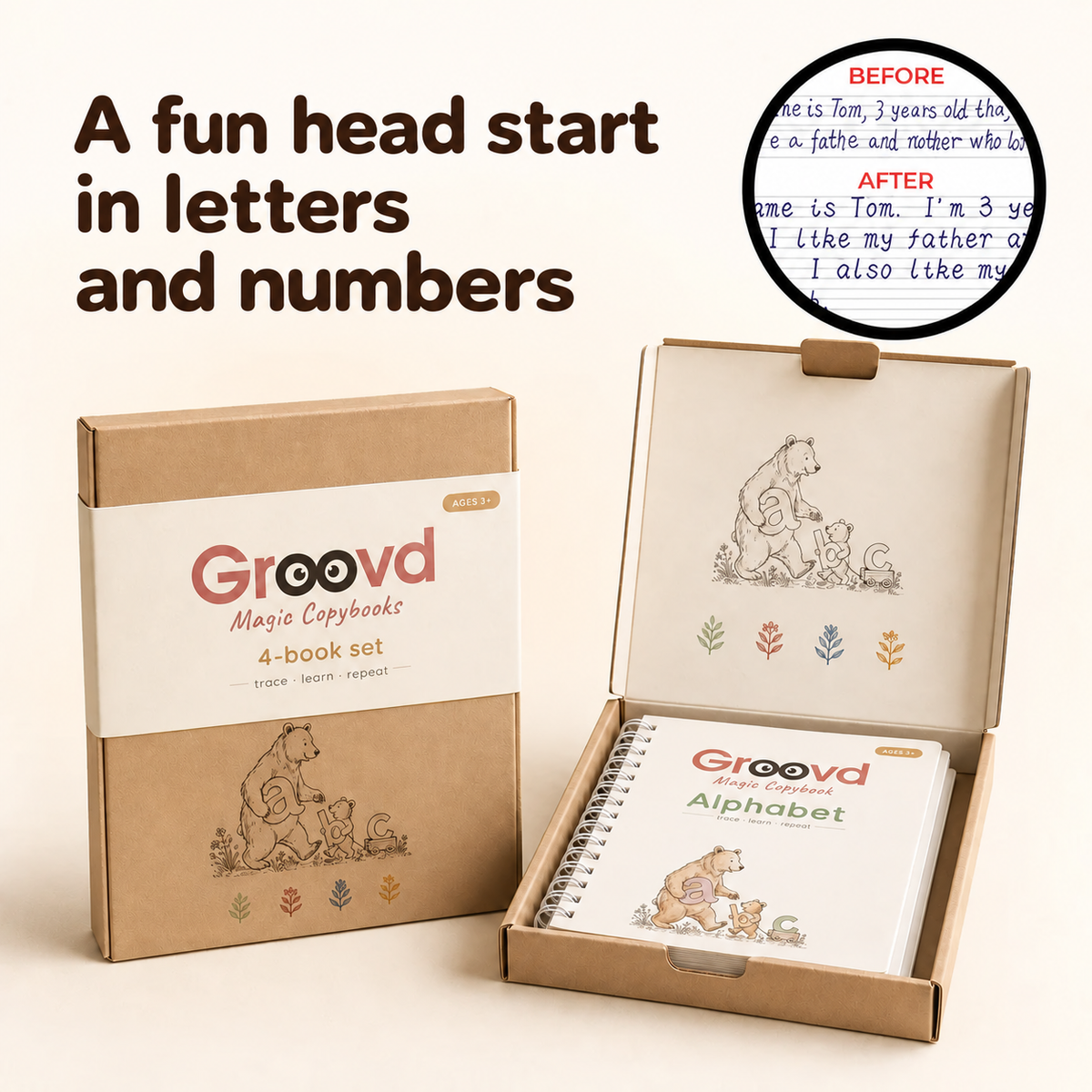 Children's Magic Copybooks: the 4-book set box beside an open box with the Alphabet book inside, a before and after handwriting sample, and the words A fun head start in letters and numbers.