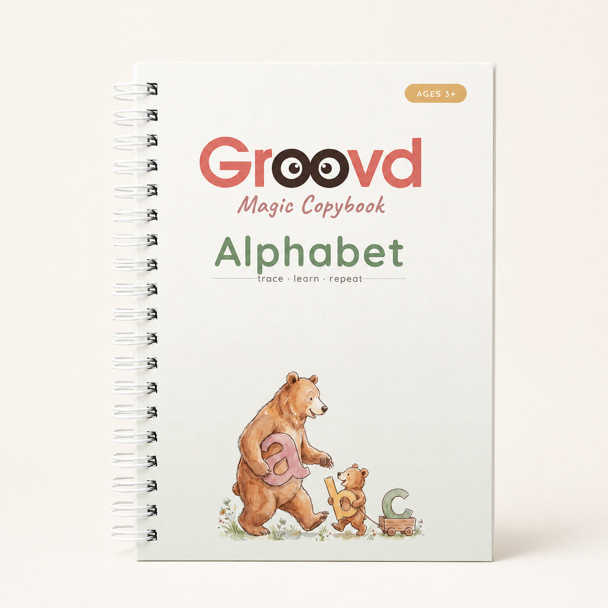 Alphabet copybook cover showing a bear and cub carrying the letters a, b and c, marked ages 3+