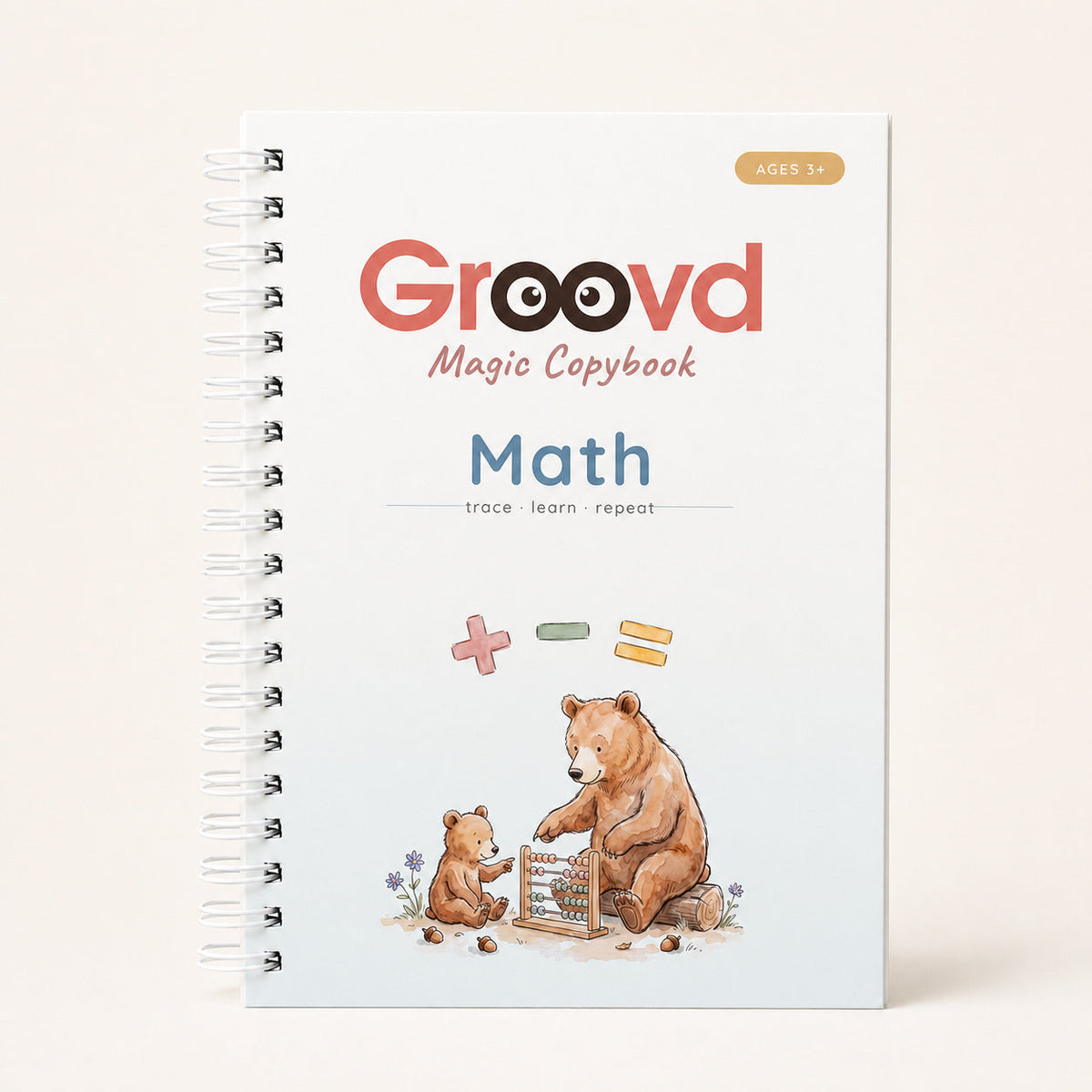 Math copybook cover showing a bear and cub with an abacus under plus, minus and equals signs, marked ages 3+