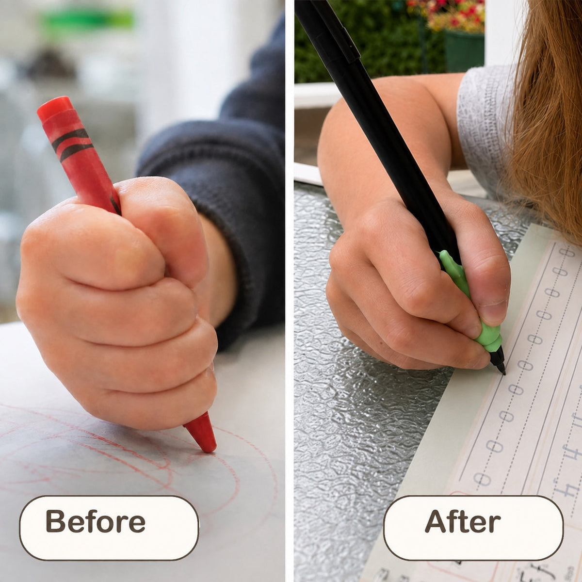 Pencil grip before and after: a child's fist wrapped around a red crayon, and a child holding a pen with a green grip while tracing a dotted practice page.