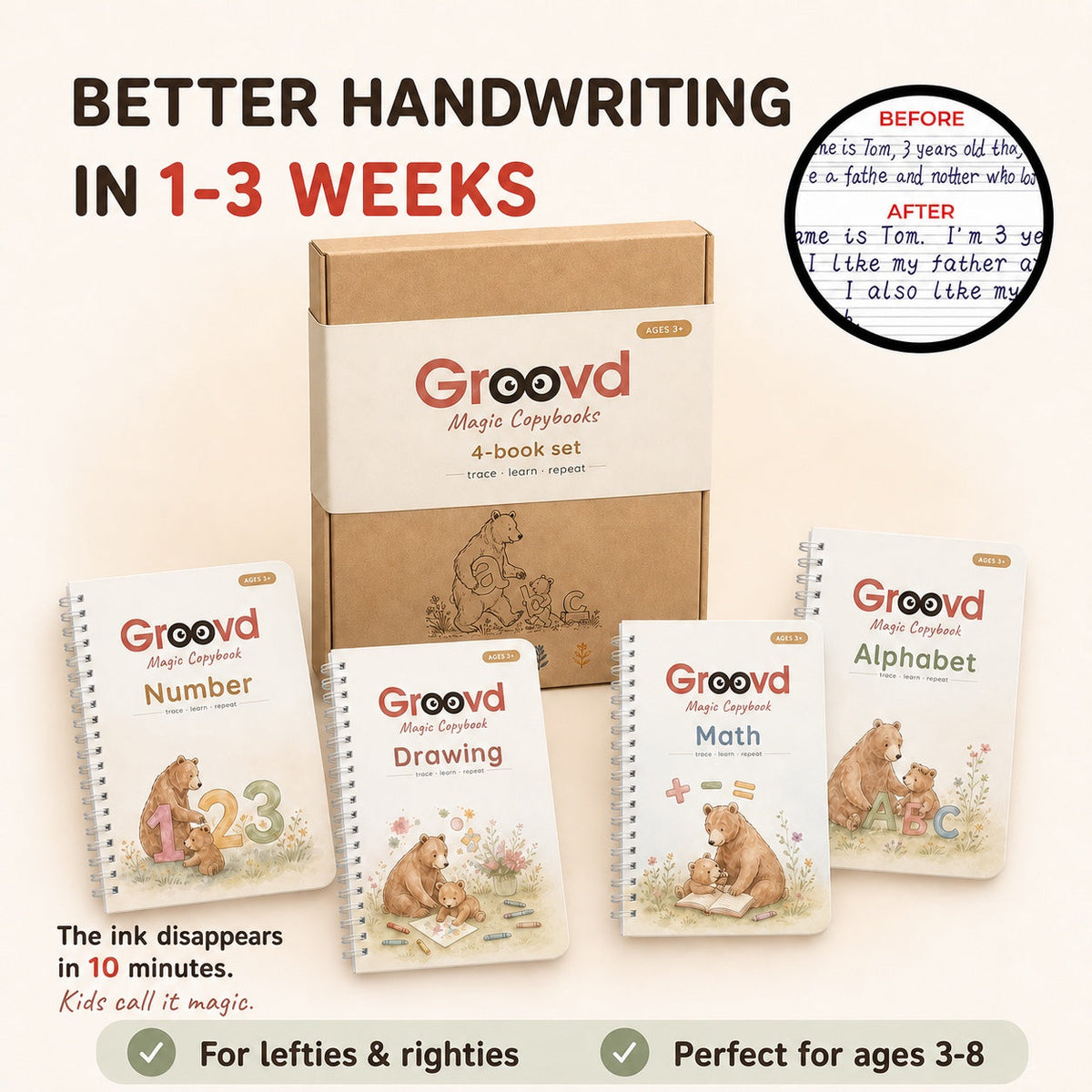 Better handwriting in 1-3 weeks: the 4-book set box with the Number, Drawing, Math and Alphabet copybooks, a before and after handwriting sample, and notes that the ink disappears in 10 minutes, for lefties and righties, ages 3-8.