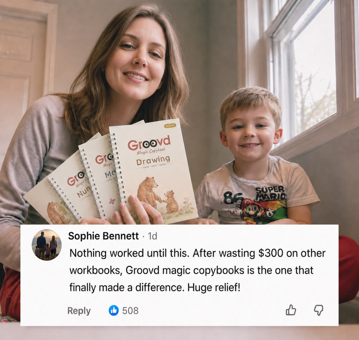 A parent fans out the copybooks next to a smiling child, with a review card: Nothing worked until this. After wasting $300 on other workbooks, Groovd magic copybooks is the one that finally made a difference. Huge relief!