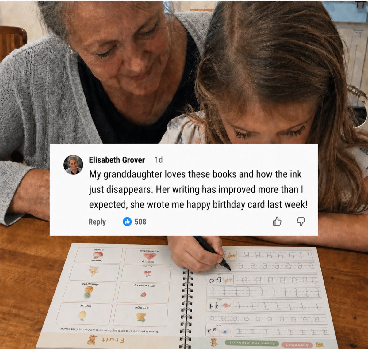 A grandparent watches a child trace letters in an open copybook, with a review card: My granddaughter loves these books and how the ink just disappears. Her writing has improved more than I expected, she wrote me happy birthday card last week!