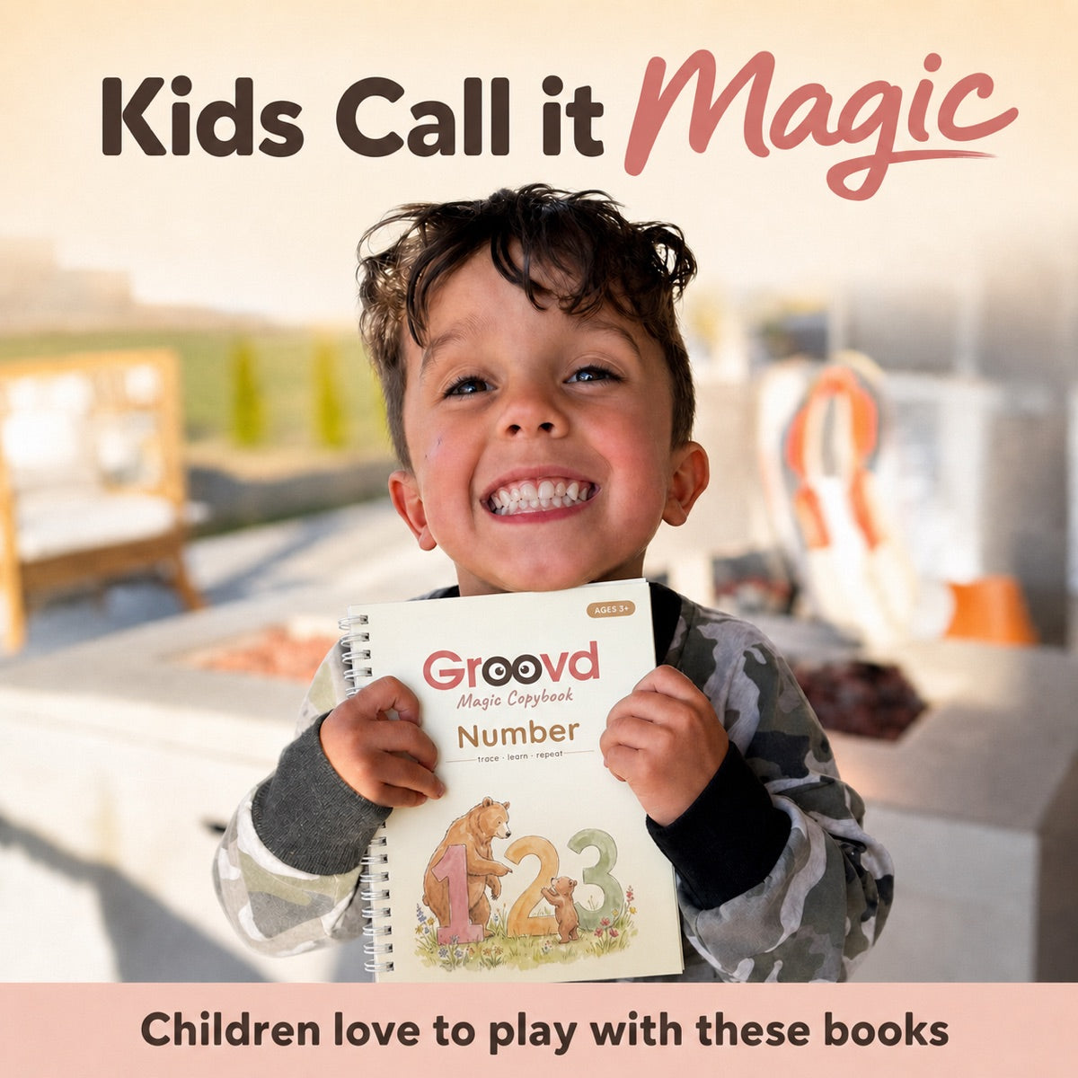 Kids call it magic: a smiling child holds up the Number copybook, with the line Children love to play with these books.