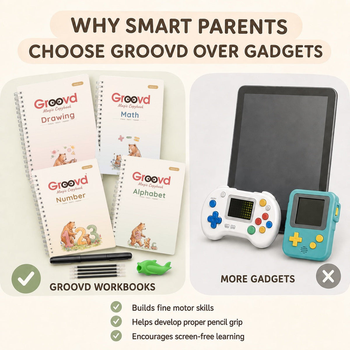 Why smart parents choose Groovd over gadgets: a check mark for the copybooks, pen and grip and a cross for a tablet and two handheld games, with builds fine motor skills, helps develop proper pencil grip and encourages screen-free learning.