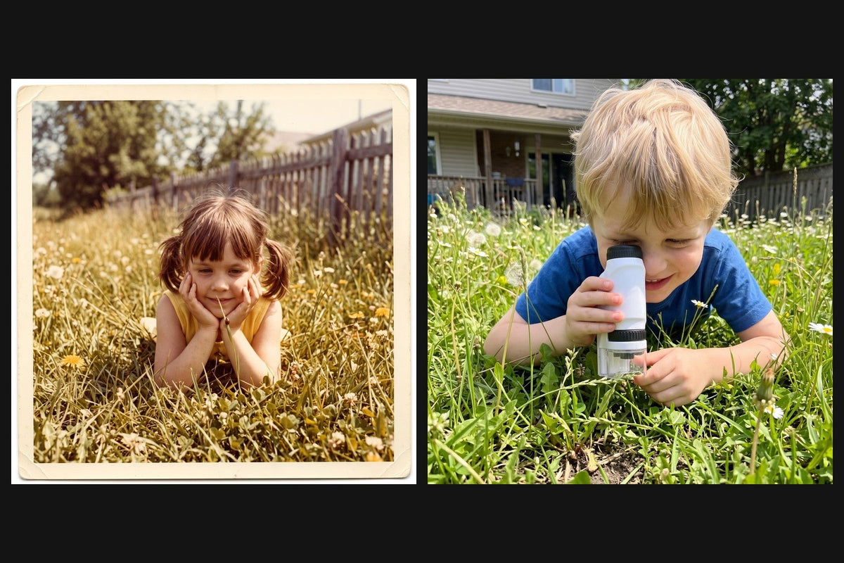 An old 1974 photo of a girl lying in the grass, and a boy today lying in the grass with his Miniscope
