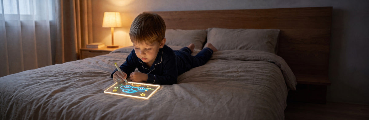 A boy draws on the lit pad in a dark bedroom