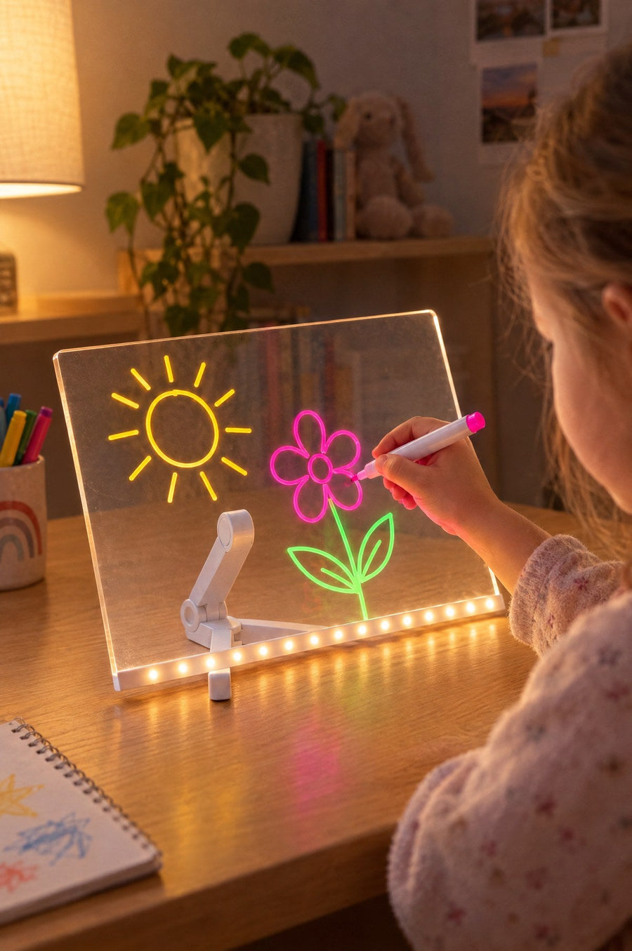 A child draws a glowing flower on the LuminoSketch at a desk