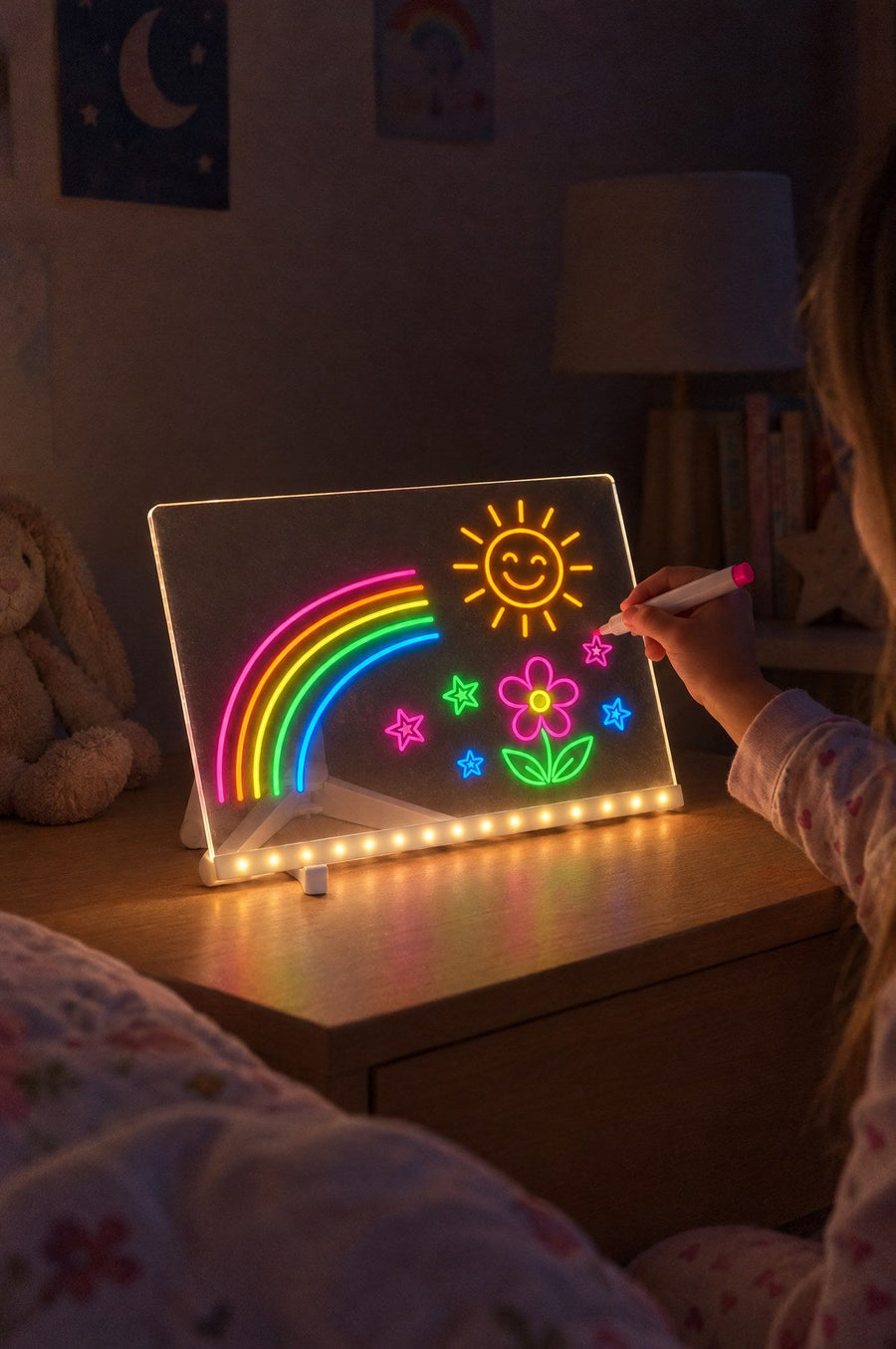 The LuminoSketch glowing on a bedside table at night