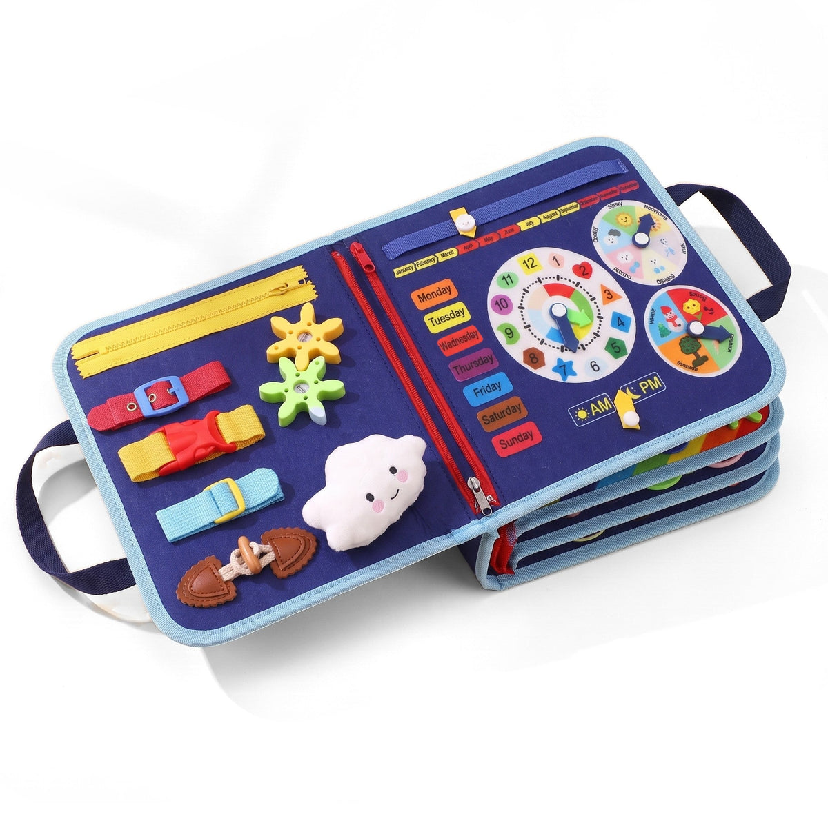 Groovd Montessori Activity Board in blue: an open felt busy book with buckles, zippers, a clock and days of the week