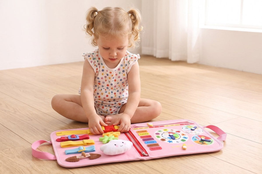 A child playing with the Montessori Activity Board