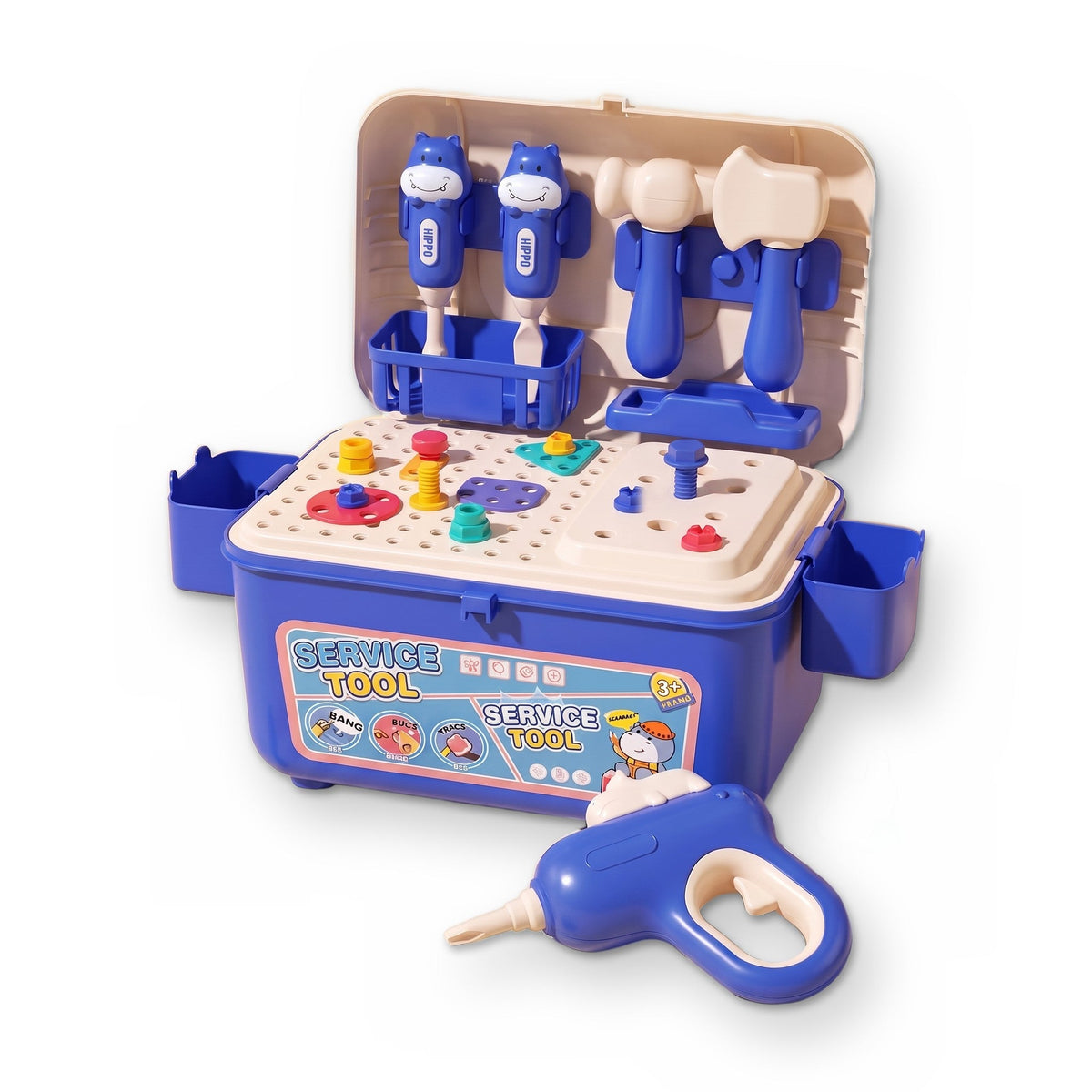 BuildBox Tool Bench: open blue toolbox with screwdrivers, hammer and axe in the lid, nuts and bolts on top, and a toy drill