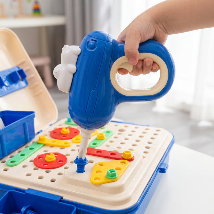 A child's hand uses the blue toy drill to turn a bolt into the pegboard, which holds red, yellow and green plastic parts