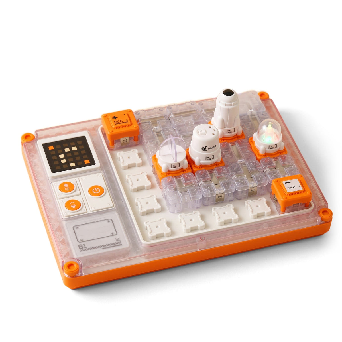 STEM Circuit Puzzle Board: orange board with a screen, buttons and clear snap-in blocks, plus music, rocket and light pieces