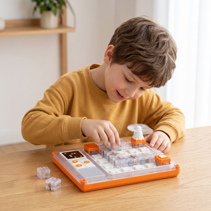 A smiling child places a clear block on the circuit board at a wooden table, with a white fan block on top