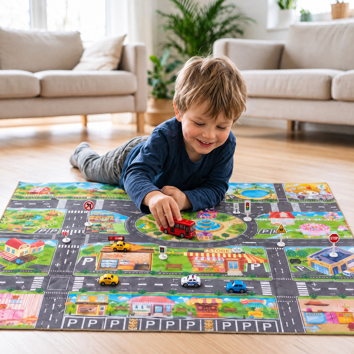 A smiling child lies on the floor pushing a red toy bus on the city play mat, with cars and road signs set out around it