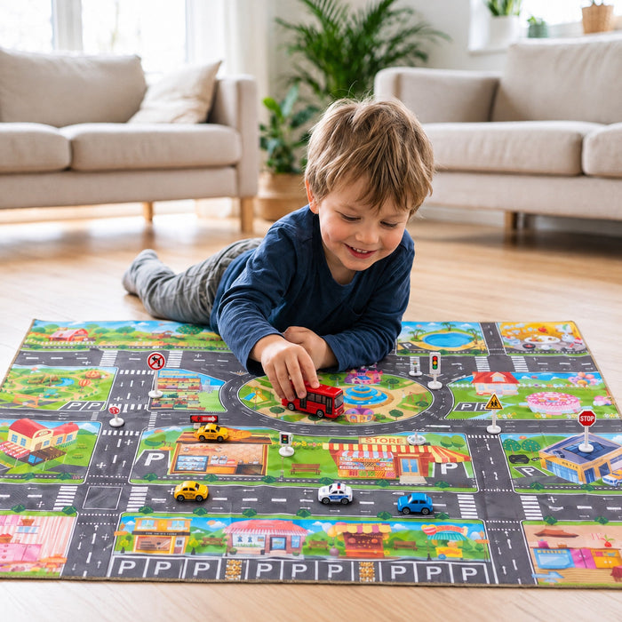 A smiling child lies on the floor pushing a red toy bus on the city play mat, with cars and road signs set out around it