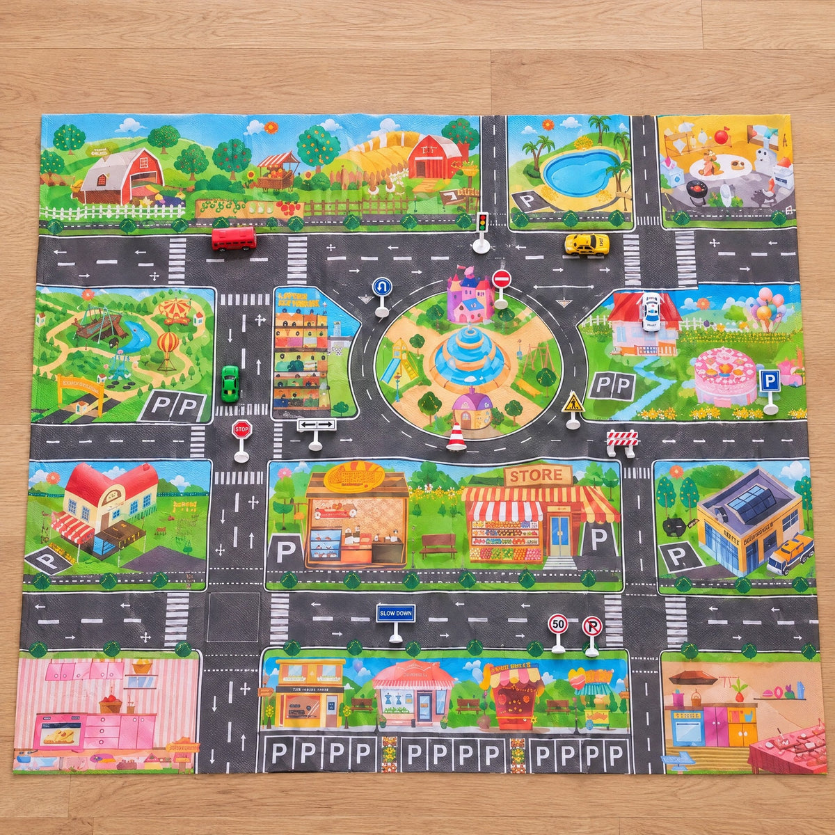 Top view of the whole play mat on a wooden floor with toy cars and road signs, such as a stop sign and a 50 speed sign