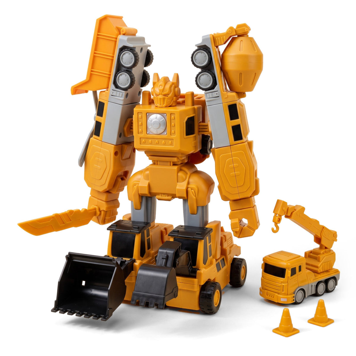 Click & Snap Magnetic Transformer: a yellow robot built from construction vehicles, with a crane truck and two traffic cones