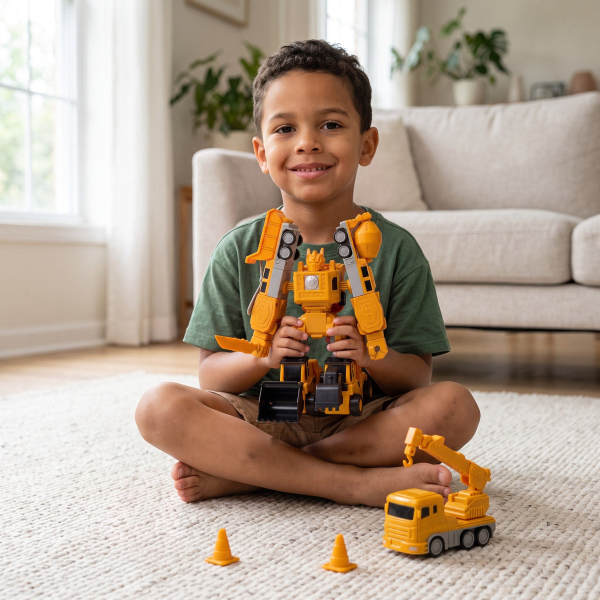 A smiling child sitting cross-legged on a rug holding the built robot, with the crane truck and two cones beside them