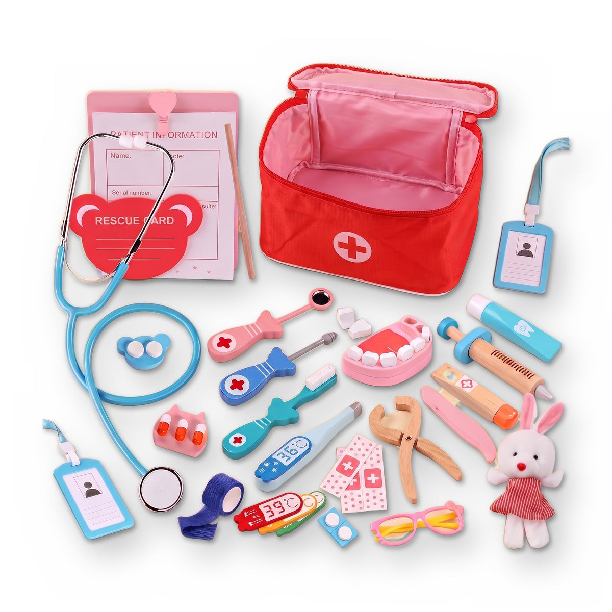 Doctor Kit: a red zip-up case and pretend doctor and dentist tools, such as a stethoscope, teeth model, syringe and toy bunny