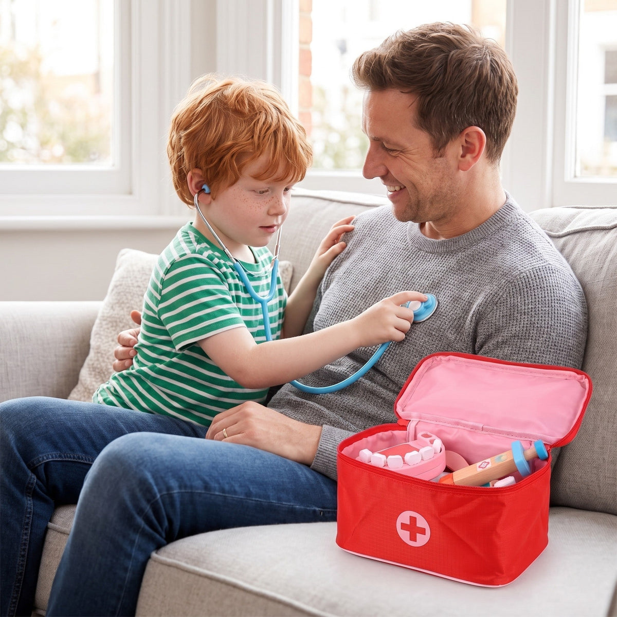 A child listens to a smiling adult's chest with the toy stethoscope on a sofa, with the open red case beside them