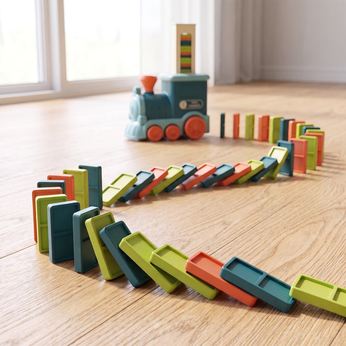 A long, winding row of dominoes falls over one after another on a wooden floor, with the train behind