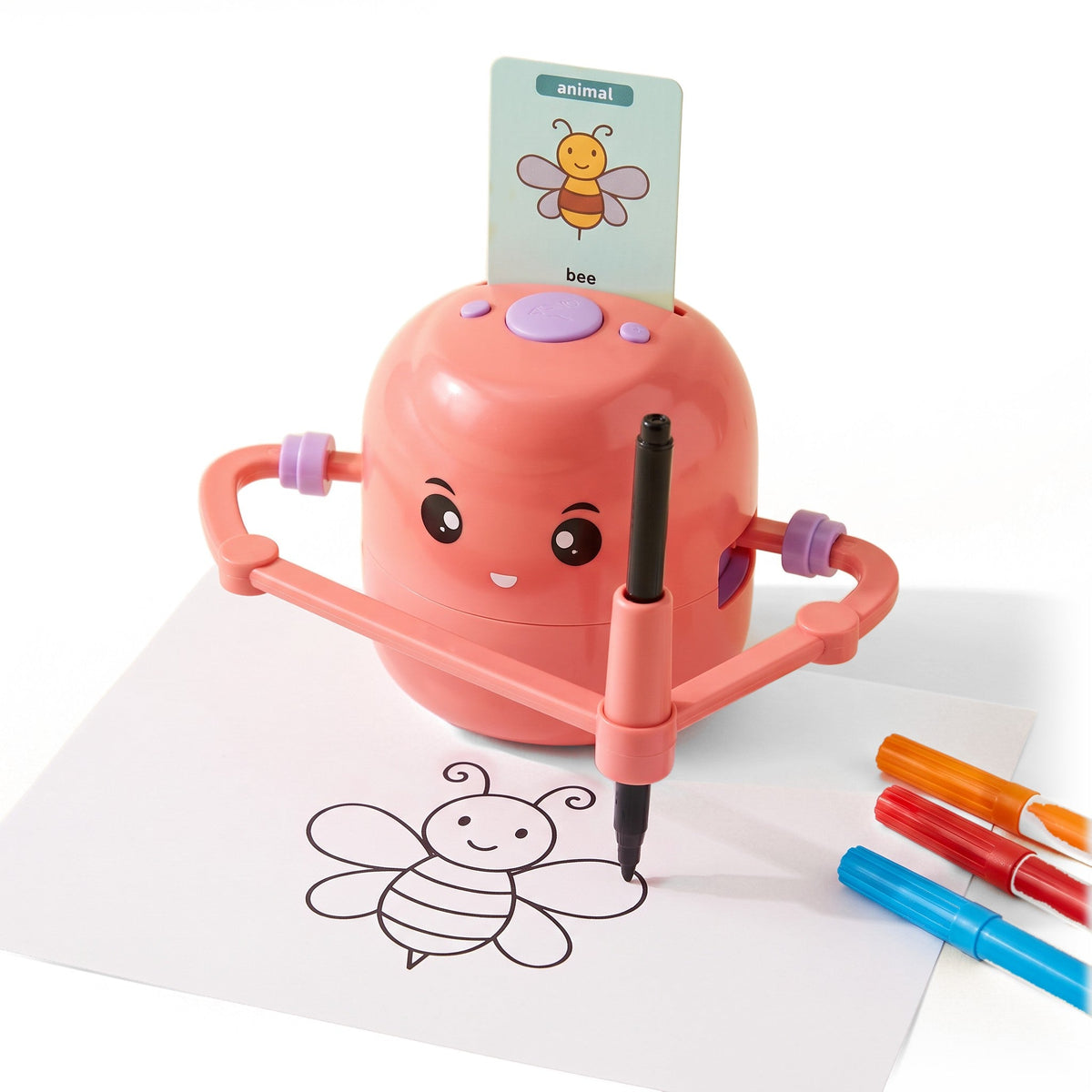 The pink version of the robot draws a bee on paper from the bee card in its top, with orange, red and blue markers beside it
