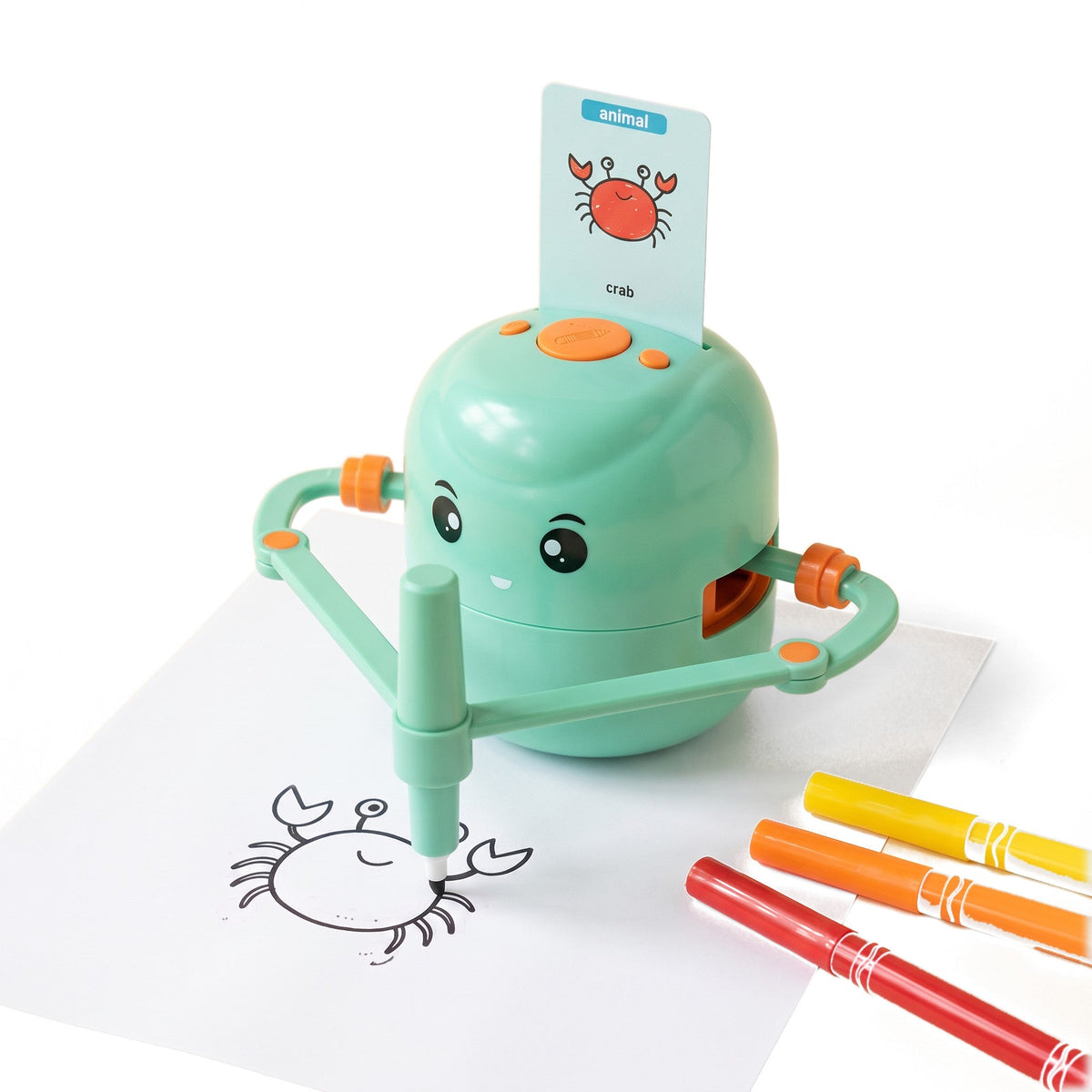 Drawing Bot: a green robot with a smiling face draws a crab on paper from the crab card in its top, with markers beside it
