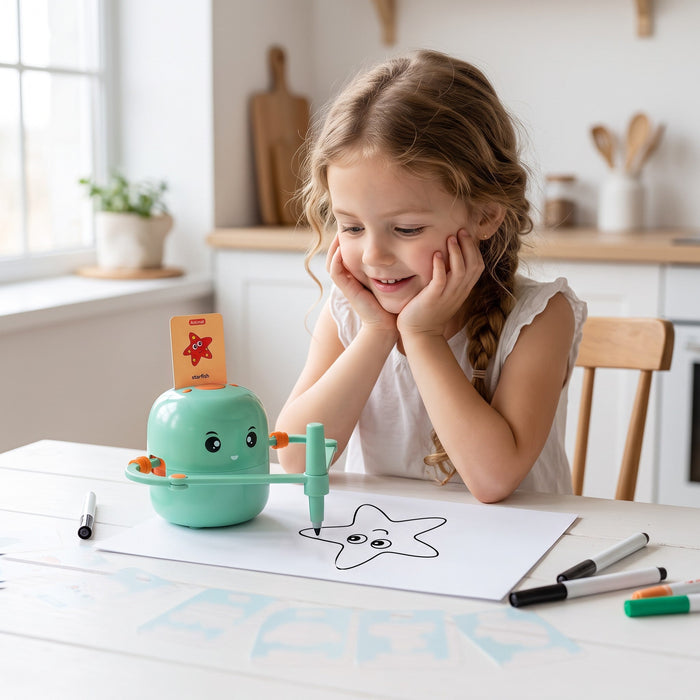 A smiling child, chin in hands, watches the robot draw a starfish from the card in its top