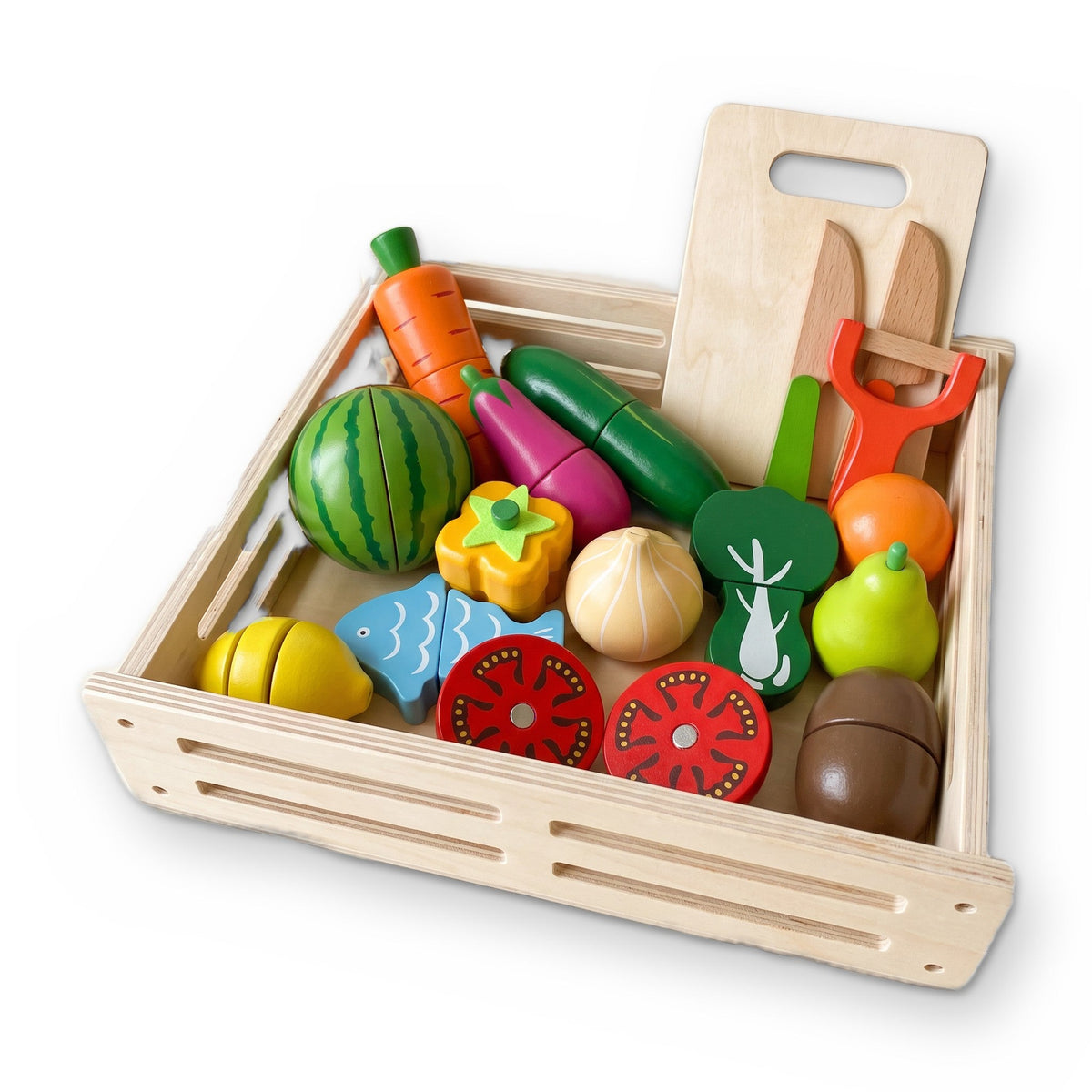 Fruit & Veggie Cutting Set: wooden fruit, vegetables and a fish in a crate, with a cutting board, two knives and a peeler