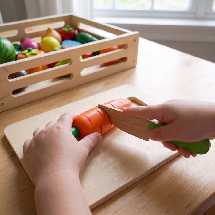 A child's hands slice a wooden carrot in two on a cutting board with a green-handled knife, the crate of play food behind