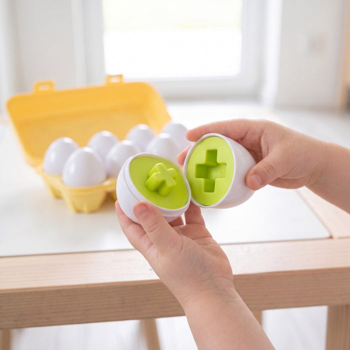 A child's hands hold two egg halves, one with a raised green cross and one with a cross-shaped hole, ready to fit together