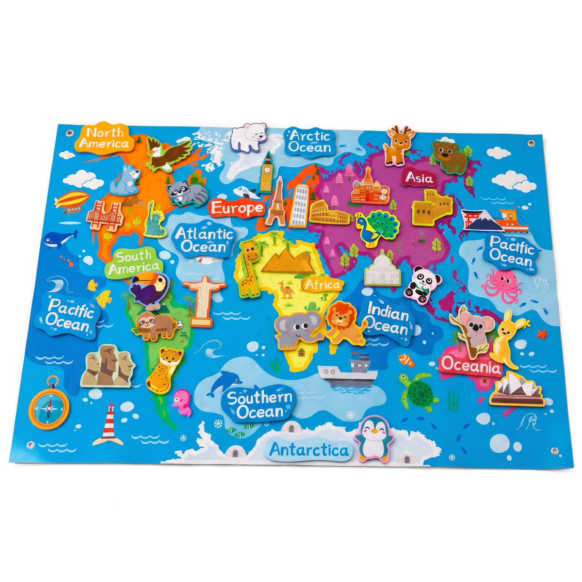 GlobePlay Atlas: a colorful felt world map with labeled continents and oceans, and felt animals and landmarks placed on it