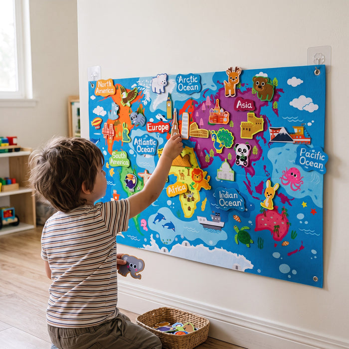 A child kneels in front of the big felt map hung on a wall, adding a piece, with a basket of felt pieces on the floor