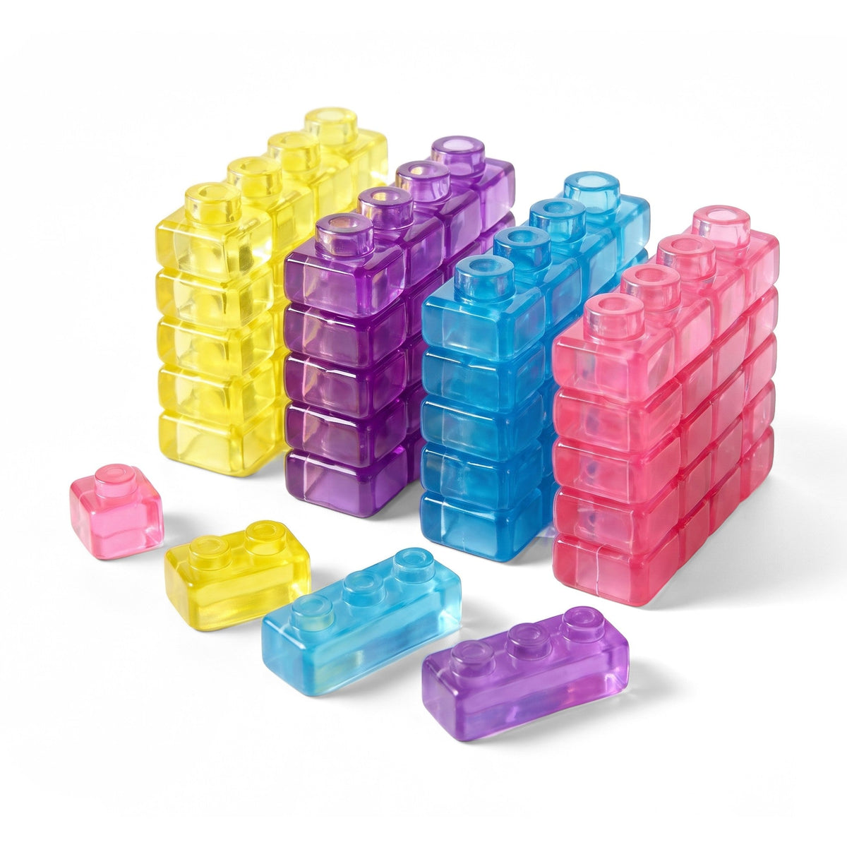 Jelly Building Blocks: see-through yellow, purple, blue and pink blocks stacked into four walls, with loose blocks in front