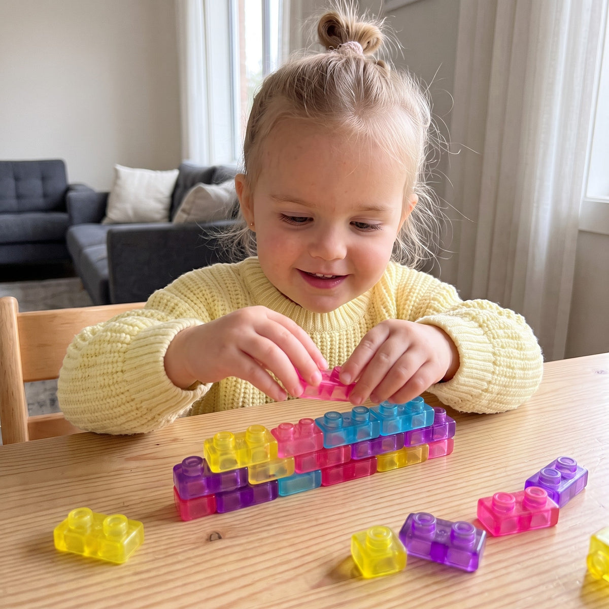 A smiling toddler at a table, joining see-through coloured blocks into a long, low wall