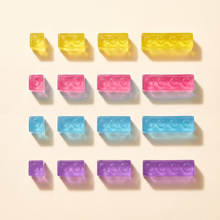 Block sizes and colours: yellow, pink, blue and purple blocks, each in four lengths from 1 stud to 4 studs