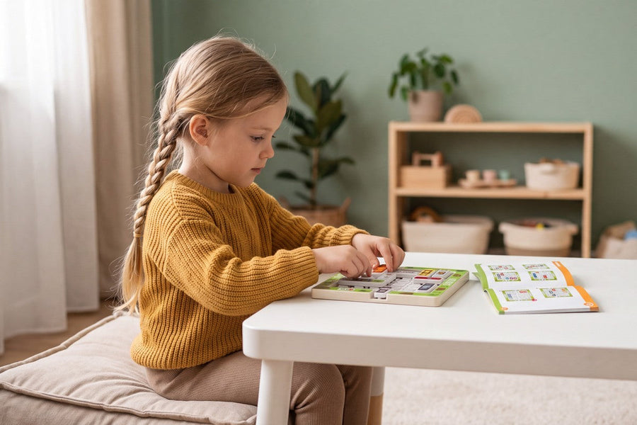 A child playing with the LogiCar Puzzle Board