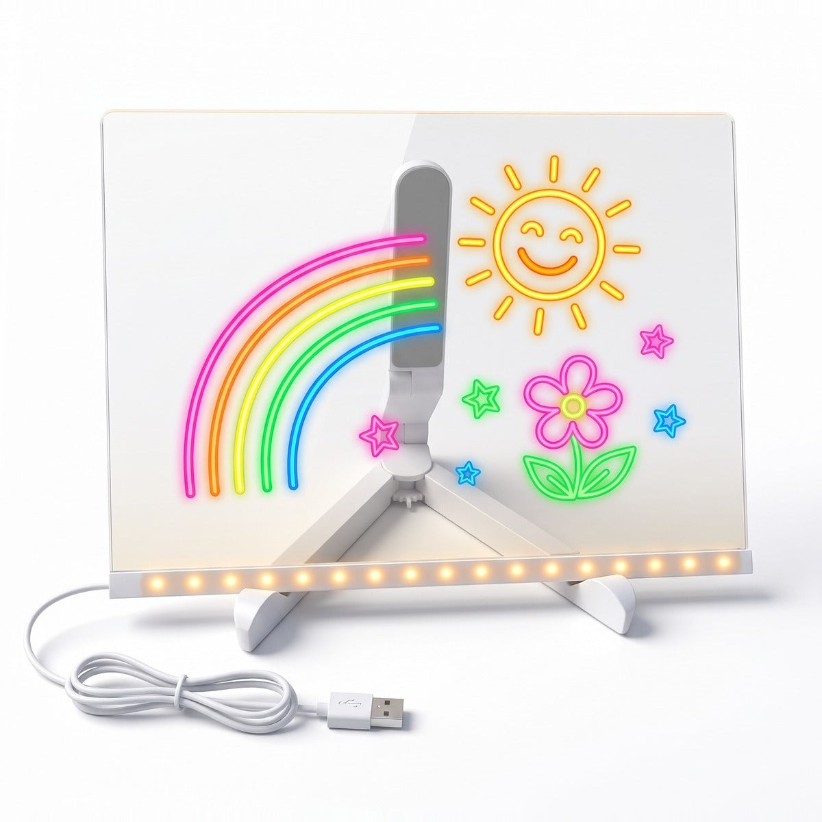 LuminoSketch Pad: a clear light-up drawing board on a stand with a USB cable, showing a glowing rainbow, sun and flower.