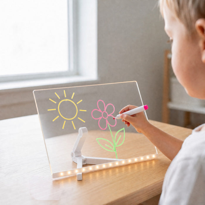 A child draws a pink flower with a pink marker on the clear board, next to a yellow sun, as the light bar glows.