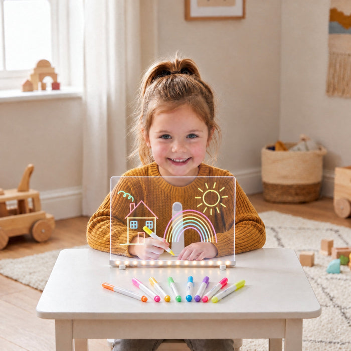 A smiling child draws on the lit board, which shows a house, rainbow and sun, with a row of colored markers on the table.