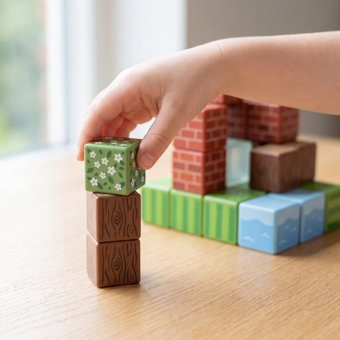 A child's hand sets a green flower-print cube on two wood-print cubes, with a wall of brick, grass and water cubes behind