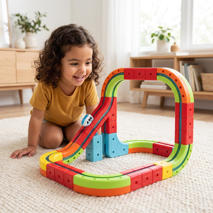 A child laughs as the small train climbs a track that rises into a tall loop on a rug