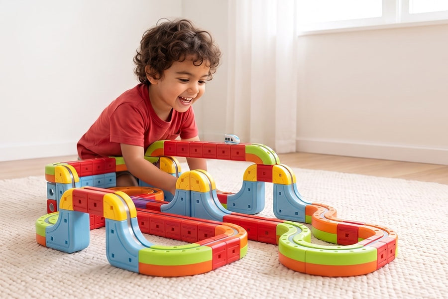 A child playing with the MagTrack train track