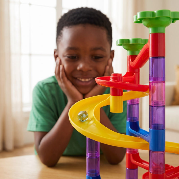 A smiling child, chin in hands, watches a clear marble roll down a yellow curved track