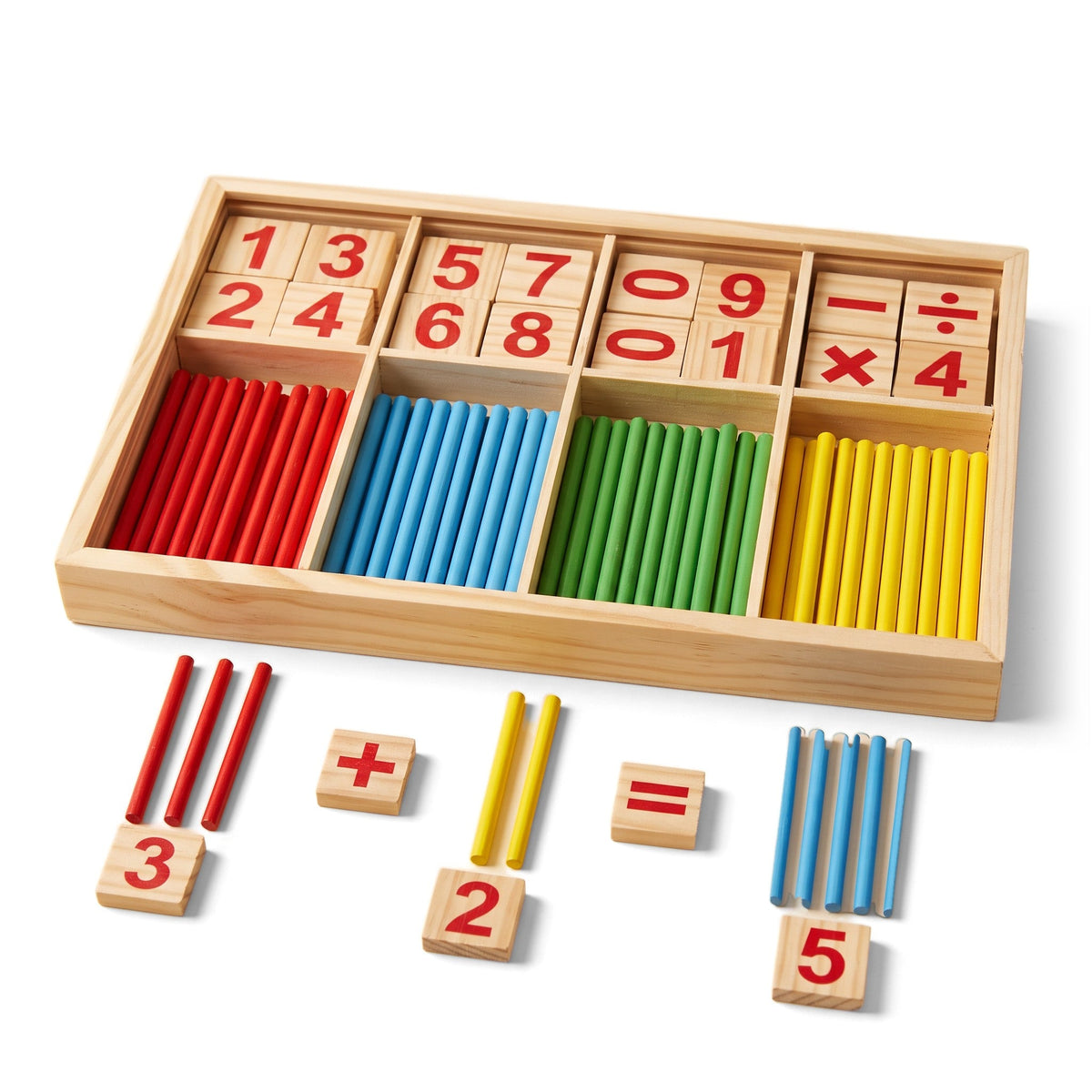MathMagic Blocks: a wooden tray of colored counting sticks and number tiles, with 3 plus 2 equals 5 laid out in front.
