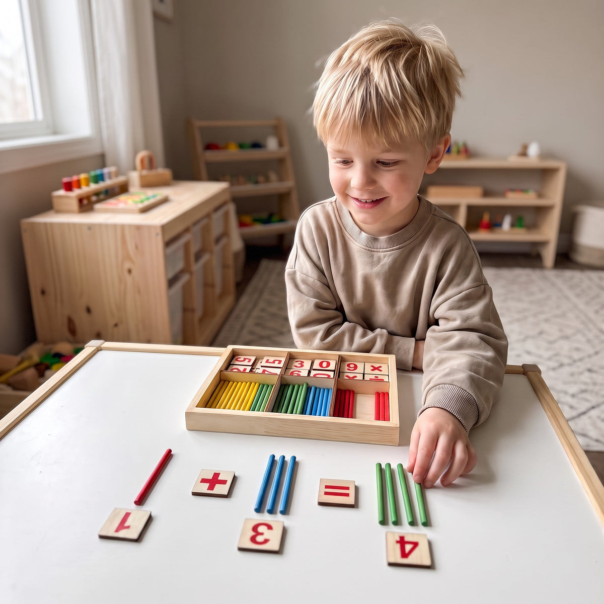 A smiling child sits at a table with the tray and a sum of 1 plus 3 equals 4 laid out in sticks and number tiles.