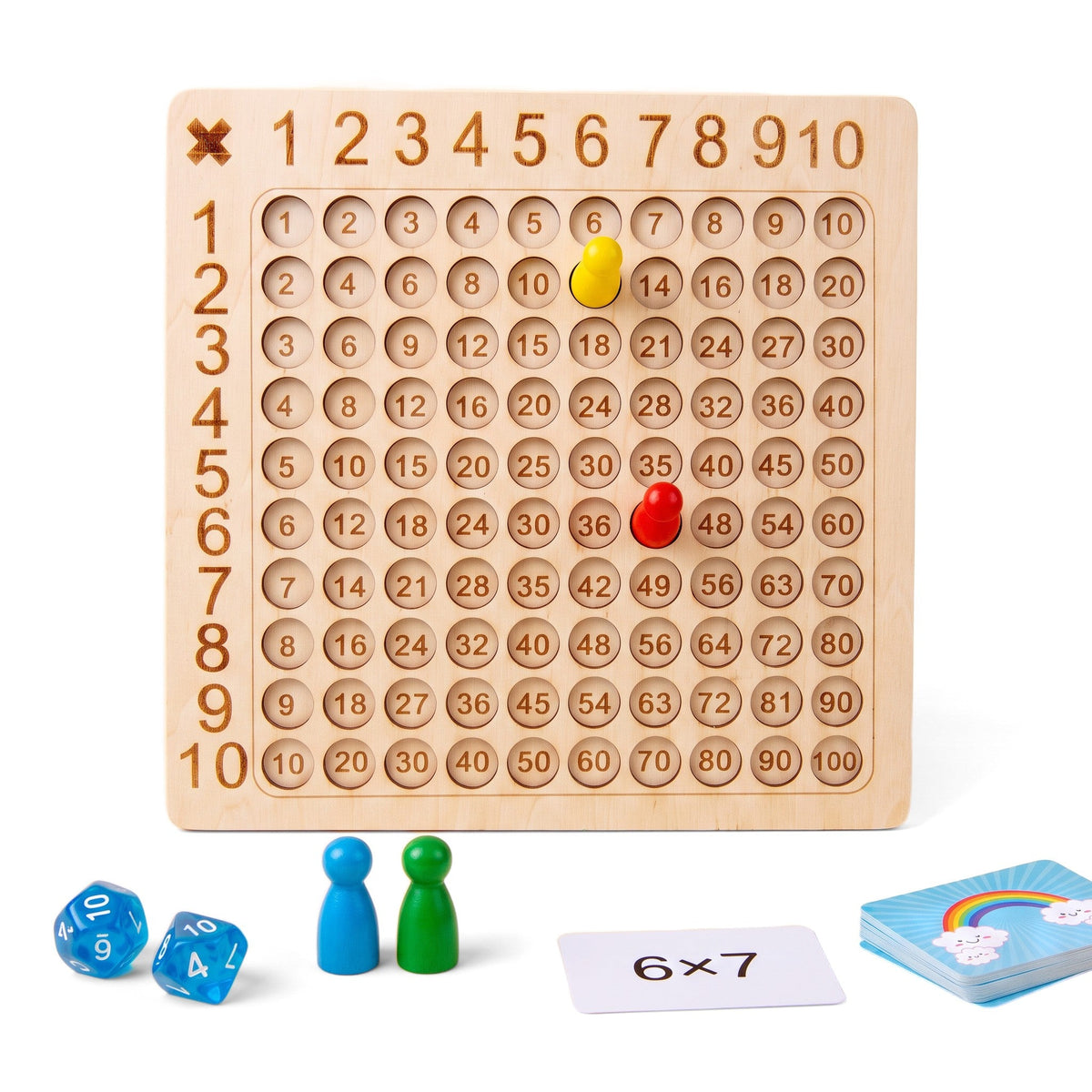 MathMaster Board Game: a wooden 10 by 10 times table board, four pawns, two 10-sided dice and cards, one showing 6 times 7.