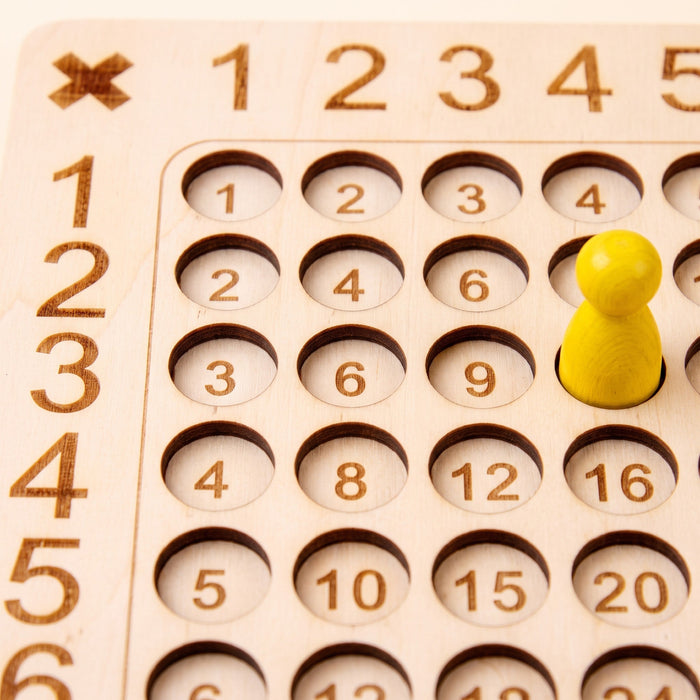 The top corner of the wooden board up close: engraved numbers, a times sign and a yellow pawn in one of the round holes.